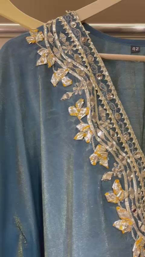 Teal Blue Hand-Embroidered Shimmer Tissue Silk Stitched Kaftan Set – Traditional Elegance