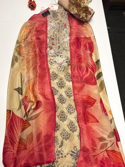 Stunning Organza Suit Set featuring all-over print with a printed dupatta