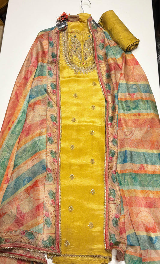 Stunning Organza Suit Set featuring all-over zari work with a printed dupatta