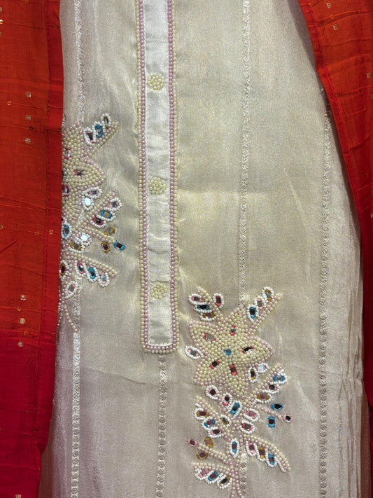 Elegant tissue suit set featuring an ultimate mirror and pearl hand embroidery concept