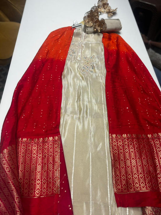 Elegant tissue suit set featuring an ultimate mirror and pearl hand embroidery concept